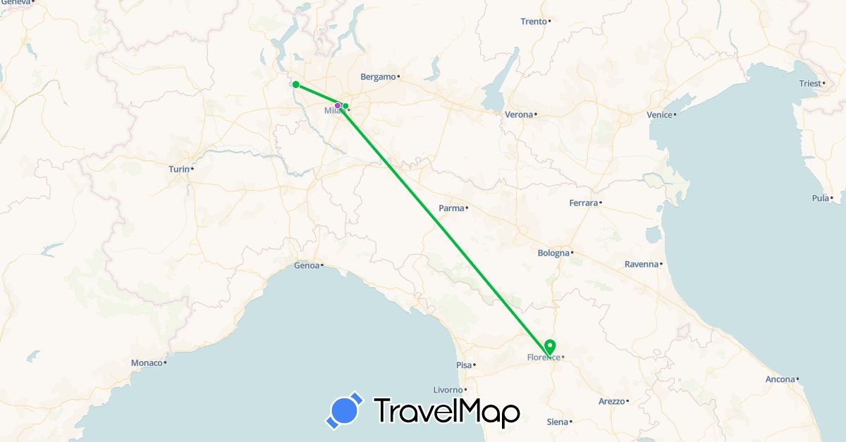 TravelMap itinerary: driving, bus, train in Italy (Europe)